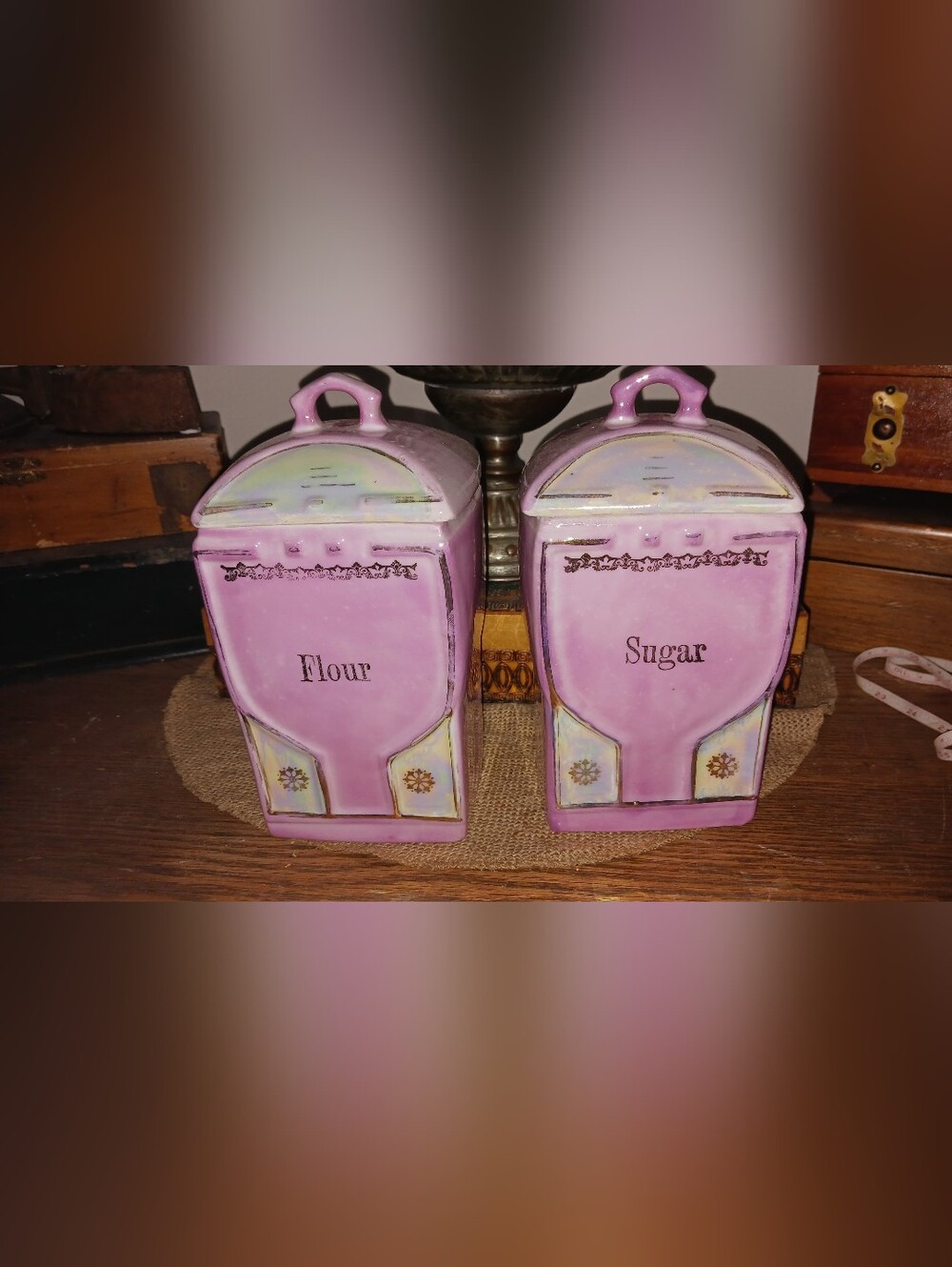 German Lusterware Mother Of Pearl Pink Flour/Sugar Canisters.